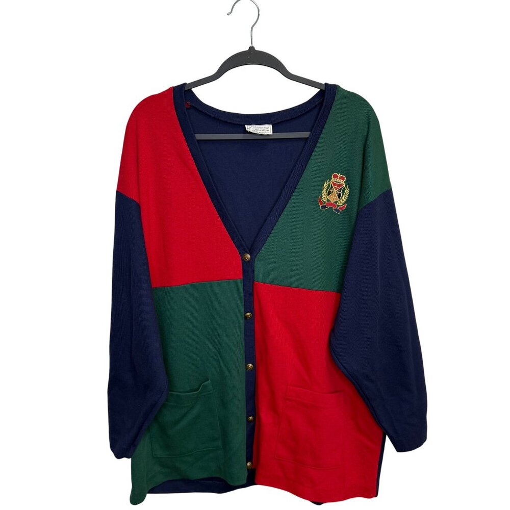 VTG Company Collection Color Block Cardigan Embroidered Preppy Academic Size XL
